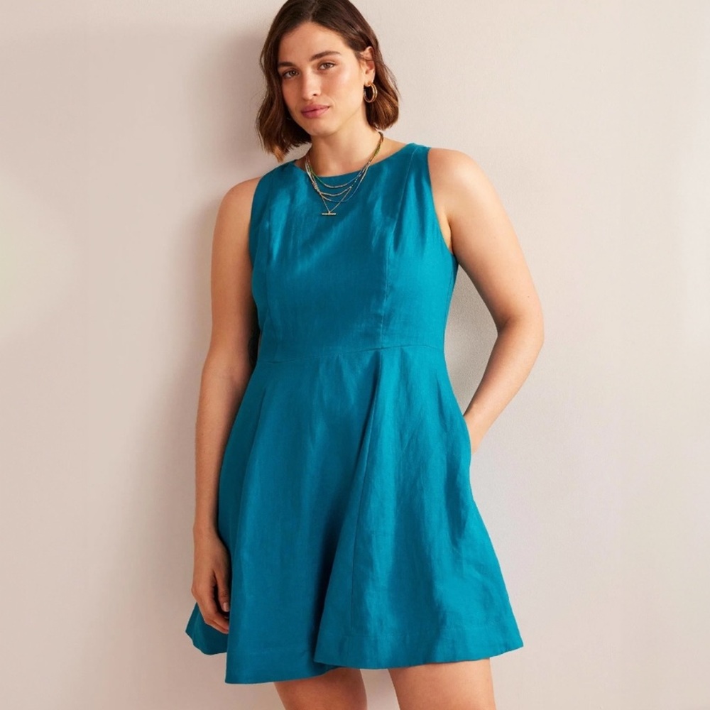 New BODEN Dress Fit and Flare Linen Mini Teal Blue